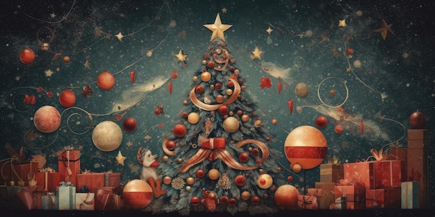 Albero di Natale doni palle decorazione Illustrazione AI GenerativexA