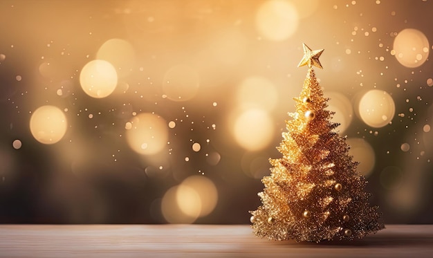 Albero di Natale dorato adornato con luci e stelle circondato da un caldo e incantevole bokeh AI generativo