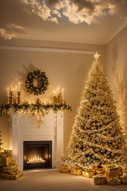 Albero di Natale dorato con luci brillanti carta da parati banner xmas