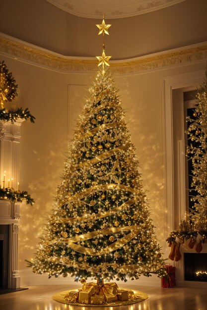 Albero di Natale dorato con luci brillanti carta da parati banner xmas