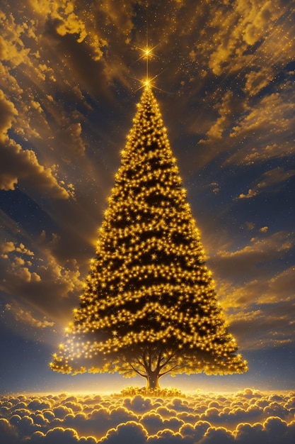 Albero di Natale dorato con luci brillanti carta da parati banner xmas