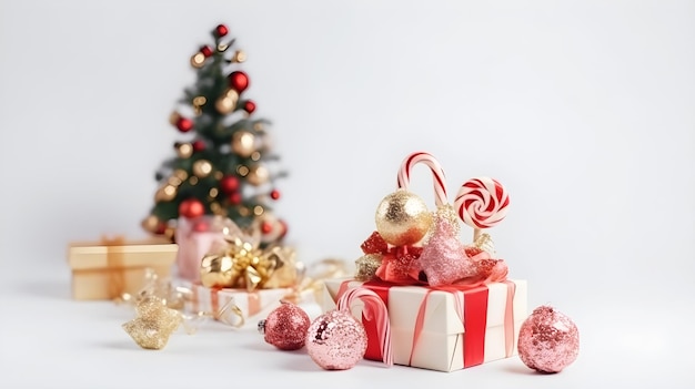 Albero di Natale dorato e decorazioni da regalo su sfondo bianco