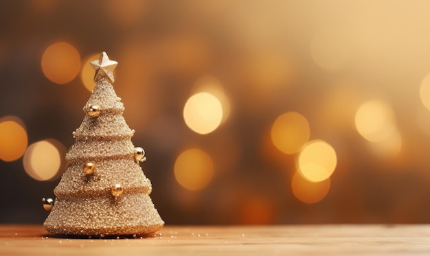 Albero di Natale dorato ornato di luci e stelle circondato da un caldo e incantevole bokeh