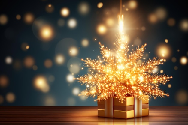 Albero di Natale dorato su uno sfondo scuro con luci Cartolina banner di Capodanno