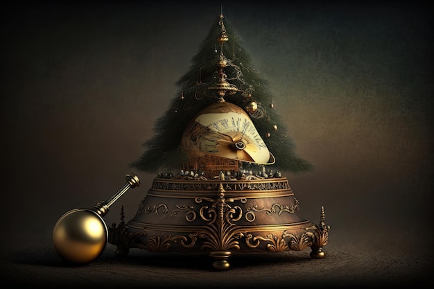 Albero di Natale e carillon a sfera antico letto ad aghi creato con intelligenza artificiale generativa
