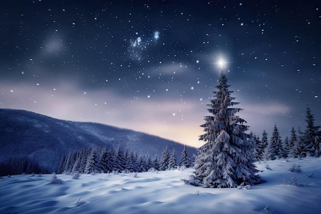 Albero di Natale e cielo notturno stellato nel magico paese delle meraviglie invernale creato con l'IA generativa