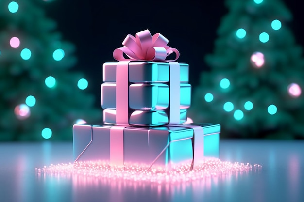 Albero di Natale e confezioni regalo alla menta con fiocchi rosa sullo sfondo dell'effetto bokeh IA generativa