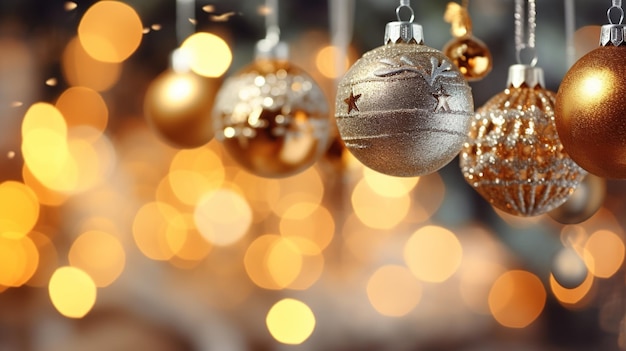 Albero di Natale e palle d'oro di Natale su sfondo astratto sfocalizzato con bokeh
