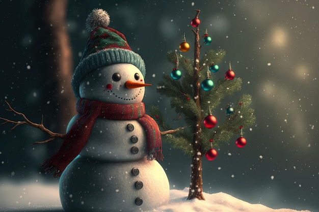Albero di Natale e pupazzo di neve per tema vacanze o feste