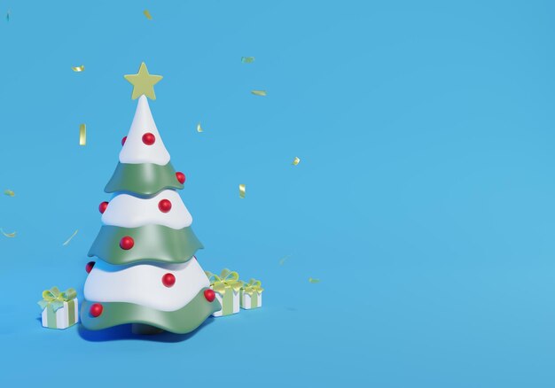 albero di natale e regali sfondo blu rendering 3d