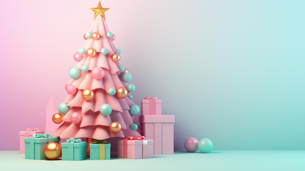 Albero di Natale e regalo sullo sfondo pastello a gradiente 3D