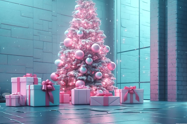 Albero di Natale e scatole regalo rosa con fiocchi rosa all'interno IA generativa