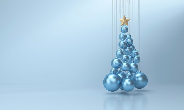 Albero di Natale fatto con le palle di Natale su sfondo blu per studio. Rendering 3D