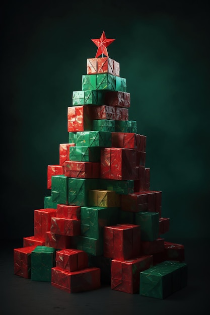 Albero di Natale fatto di scatole regalo rosse e verdi su sfondo verde Buon Natale e felice nuovo