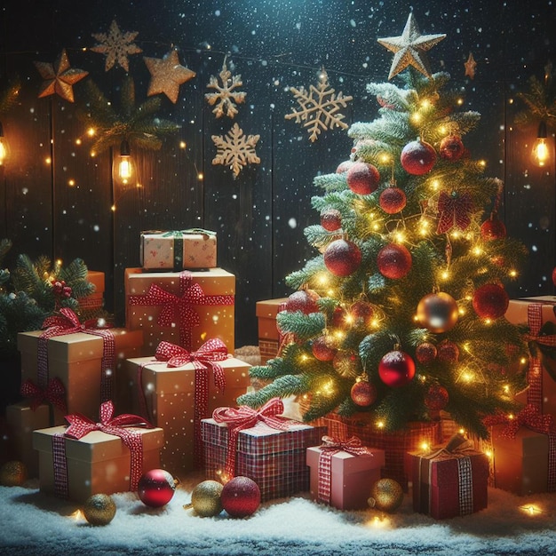 Albero di Natale gratuito con scatole regalo sullo sfondo di un'area innevata e buia