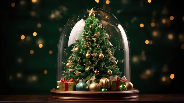 Albero di Natale in Bauble appeso a un ramo di abete con scatole regalo in notte astratta blu