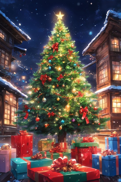 Albero di Natale in stile anime decorato con paraocchi e scatole regalo Carta da parati Aroundxmas