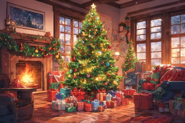 Albero di Natale in stile anime decorato con paraocchi e scatole regalo Carta da parati Aroundxmas