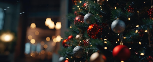 Albero di Natale in un classico interno in legno di notte