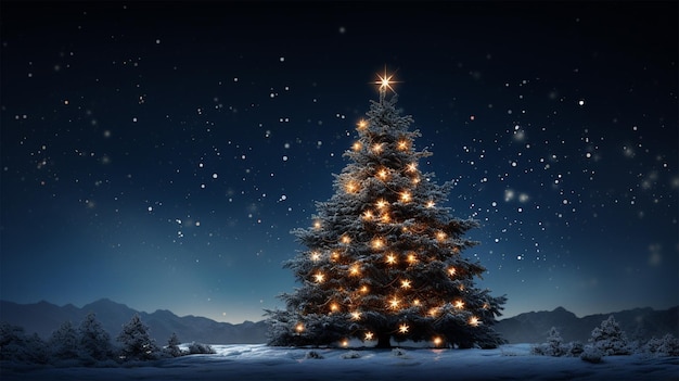 Albero di Natale in un paesaggio invernale con neve e cielo stellato