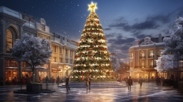 Albero di Natale in una piazza nel centro di una città metropolitana