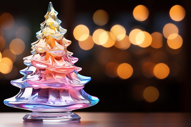 Albero di Natale lucido in vetro colorato contro le luci bokeh sullo sfondo nero Copia spazio