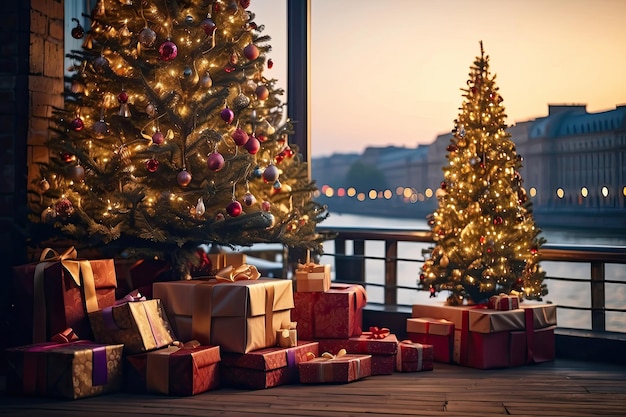 albero di Natale luminoso con scatole regalo sul terrapieno di legno Un viaggio turistico per Natale