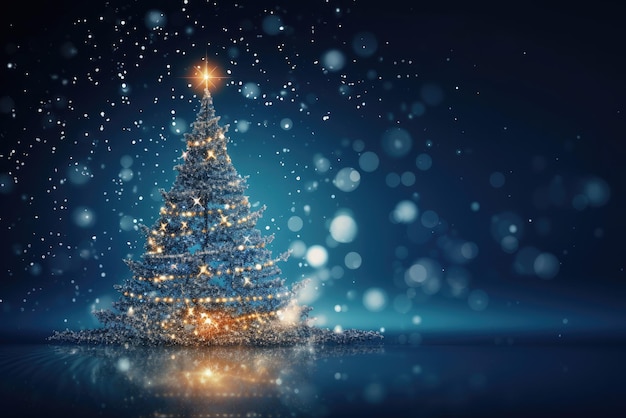 Albero di Natale magico con luci su sfondo blu scuro Carta di vacanza Copia spazio