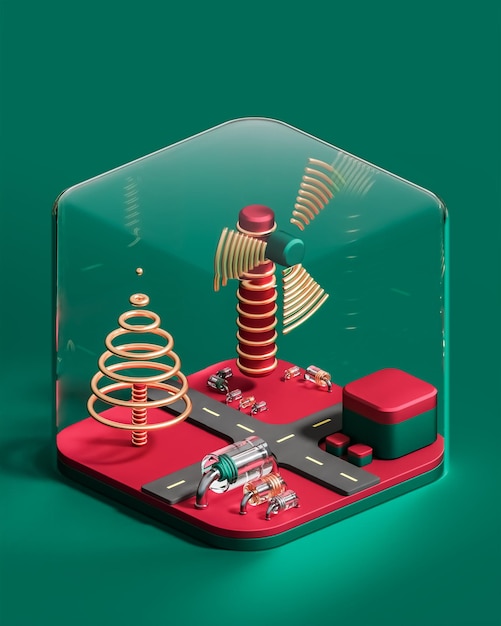 Albero di natale moderno podio in vetro e ornamenti sfondo nero social media post 3d rendering