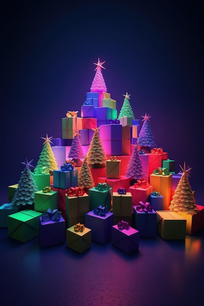 Albero di Natale multicolore decorato illuminato con scatole regalo su sfondo scuro Buon Natale