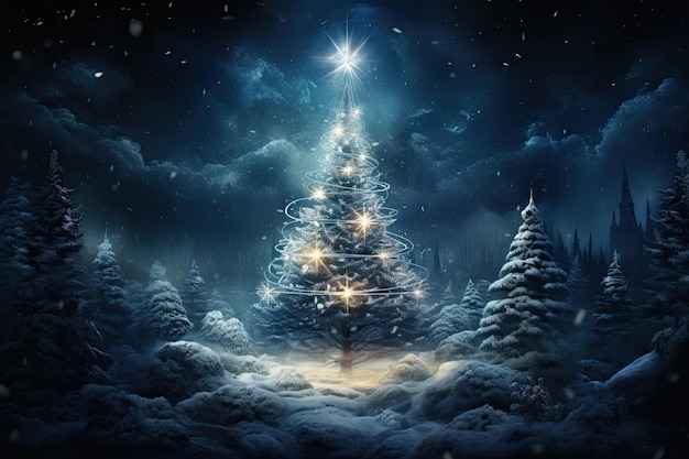 Albero di Natale nella foresta Bella notte Illustrazione generativa Ai