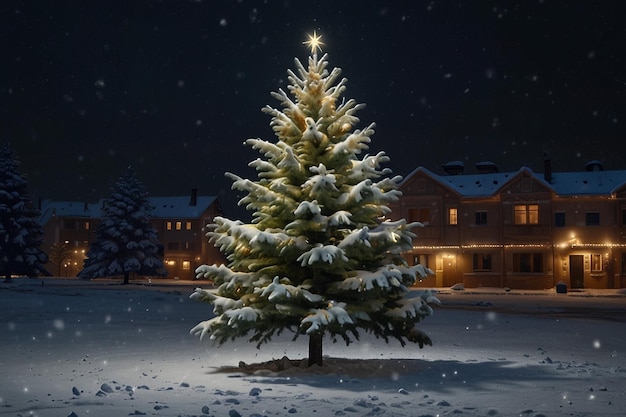 Albero di Natale nella neve albero di natale nella città notturna