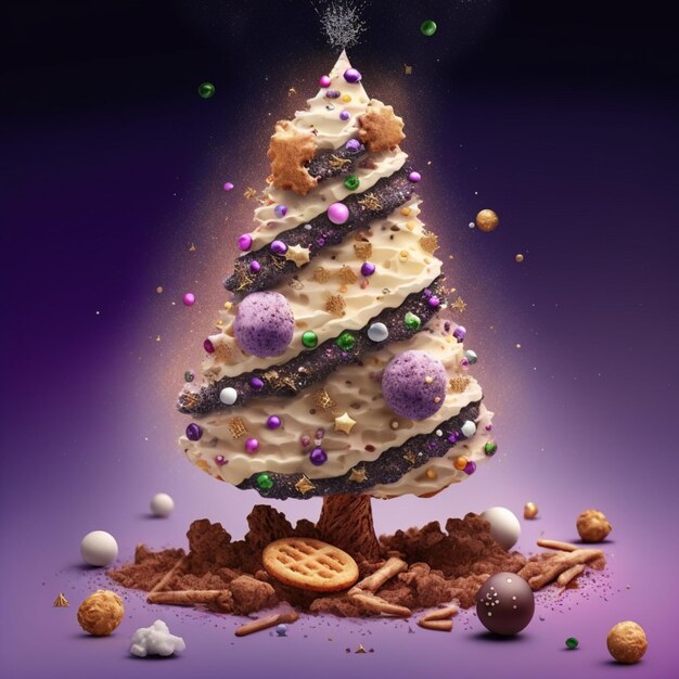 Albero di Natale perfetto fatto con gelato alla vaniglia e biscotti con spruzzi di pepite colorate caramelle Albero di Natale gelato Concetto di vacanza invernale Biglietto di auguri di Capodanno