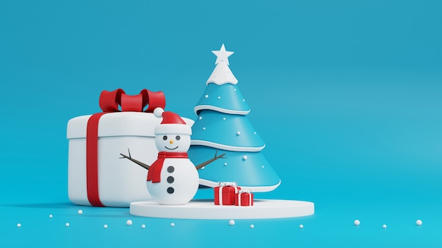 Albero di Natale, pupazzo di neve e confezione regalo sull'azzurro