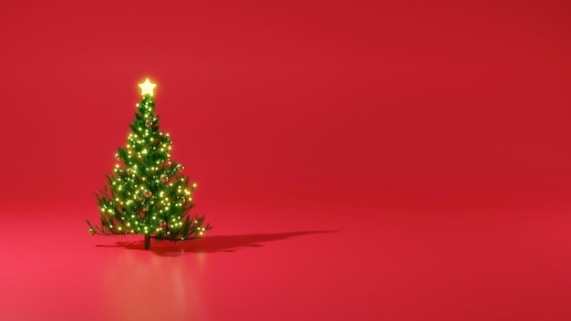 Albero di Natale realistico 3D con spazio di copia su sfondo rosso