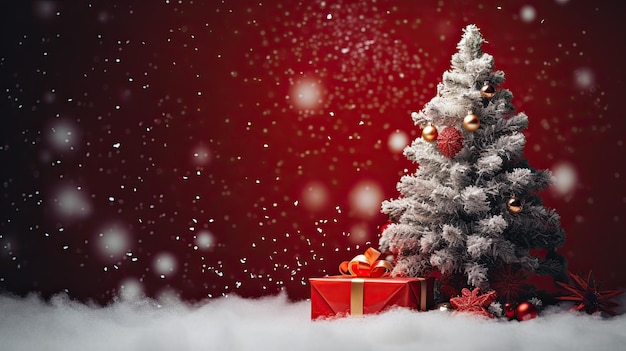 Albero di Natale rosso e scatole da regalo sullo sfondo