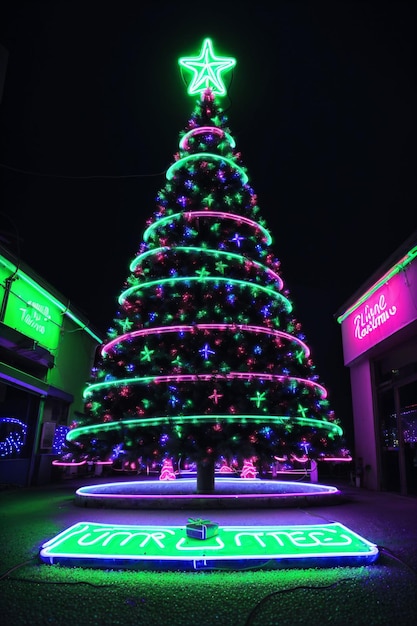 Albero di natale scuro illuminato con luci al neon su sfondo scuro banner di natale