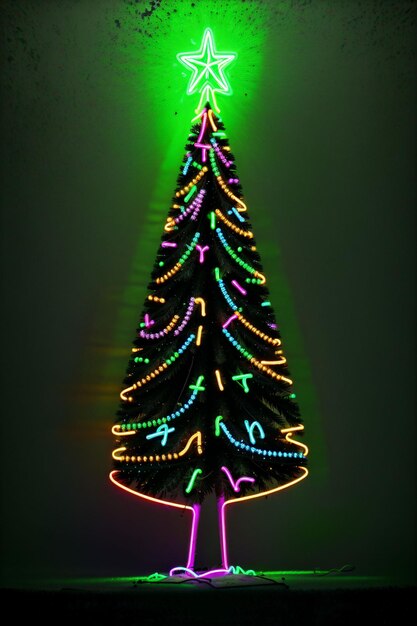 Albero di natale scuro illuminato con luci al neon su sfondo scuro banner di natale