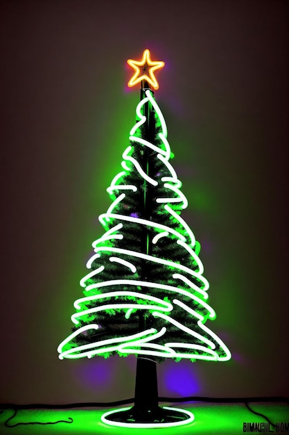 Albero di natale scuro illuminato con luci al neon su sfondo scuro banner di natale