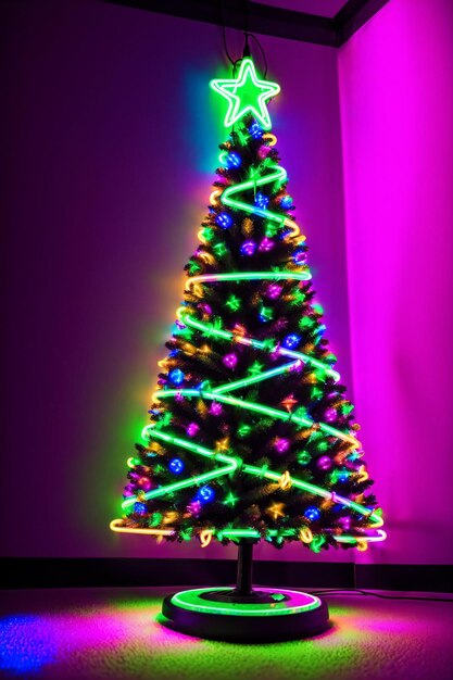 Albero di natale scuro illuminato con luci al neon su sfondo scuro banner di natale