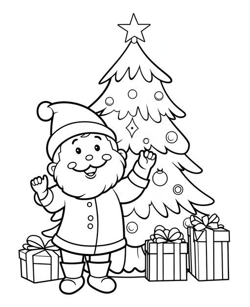 Albero di Natale semplice con Babbo Natale e presenta foglio da colorare nero e bianco albero di Xmas come simbolo del Natale della nascita del Salvatore