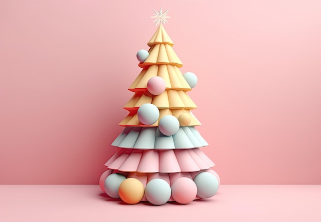 Albero di Natale Sfondo di colori pastello sfumati 3D Simpatici colori di caramelle da cartone animato Decorazioni natalizie realizzate con forme geometriche frizzanti per flayer di eventi che augurano cartoline Contenuti generativi AI