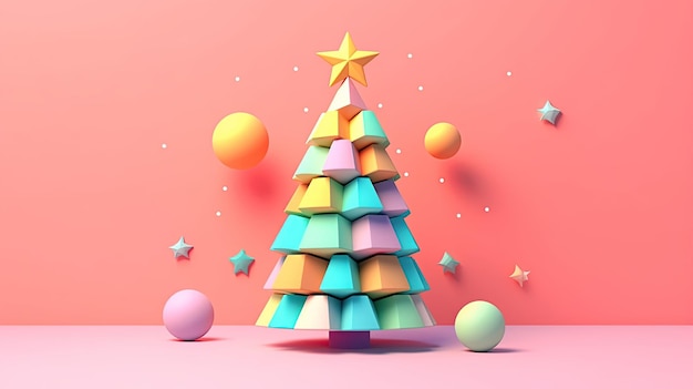 Albero di Natale Sfondo di colori pastello sfumati 3D Simpatici colori di caramelle da cartone animato Decorazioni natalizie realizzate con forme geometriche frizzanti per flayer di eventi che augurano cartoline Contenuti generativi AI