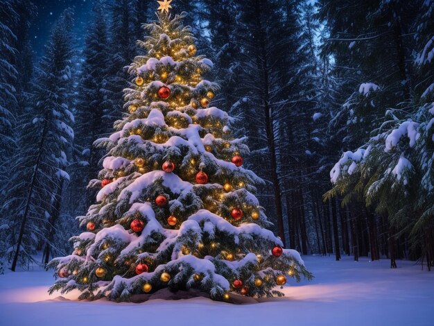 Albero di Natale splendente su uno sfondo blu nella neve