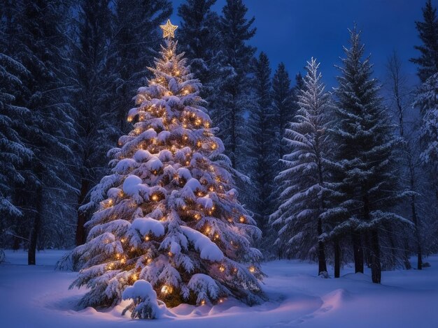 Albero di Natale splendente su uno sfondo blu nella neve