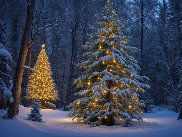 Albero di Natale splendente su uno sfondo blu nella neve