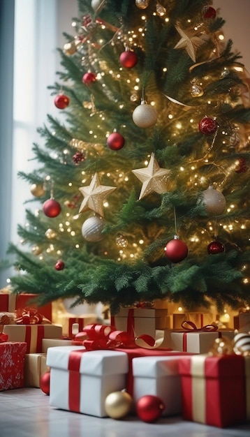 Albero di Natale splendidamente decorato con scatole regalo