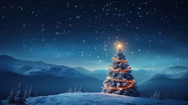 Albero di Natale su luci lucide sfocate in cima alla neve sfocata sullo sfondo della montagna Concetto della vigilia di Natale