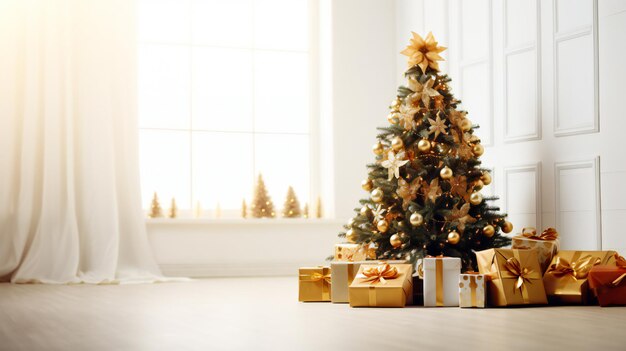 albero di Natale su sfondo bianco e scatola regalo d'oro