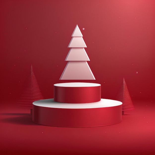 Albero di Natale su un palco piedistallo o piattaforma sfondo rosso Natale inverno con abete rendering 3d